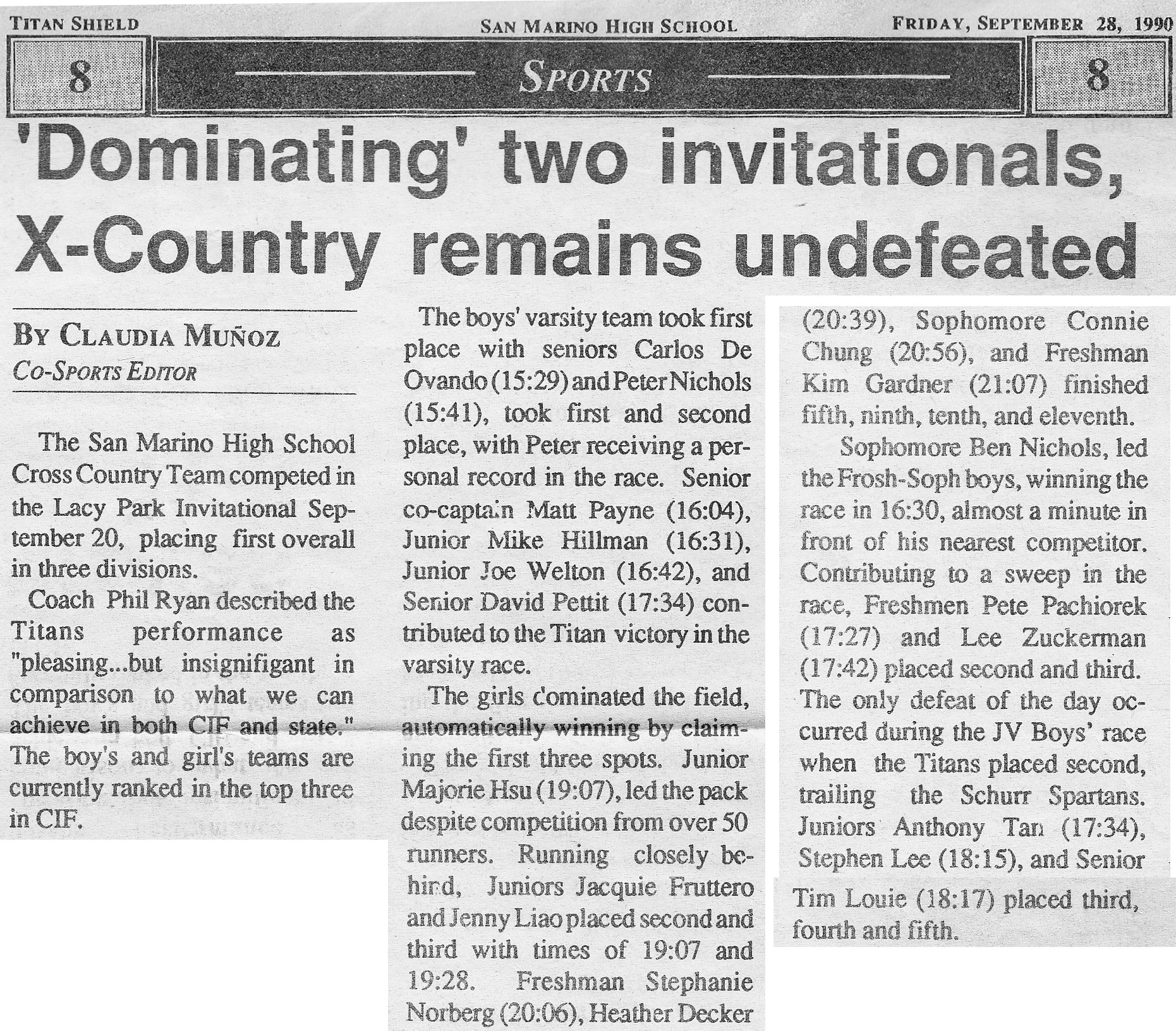 1990-09-20 - Titan Shield article on Lacy Park Invitational