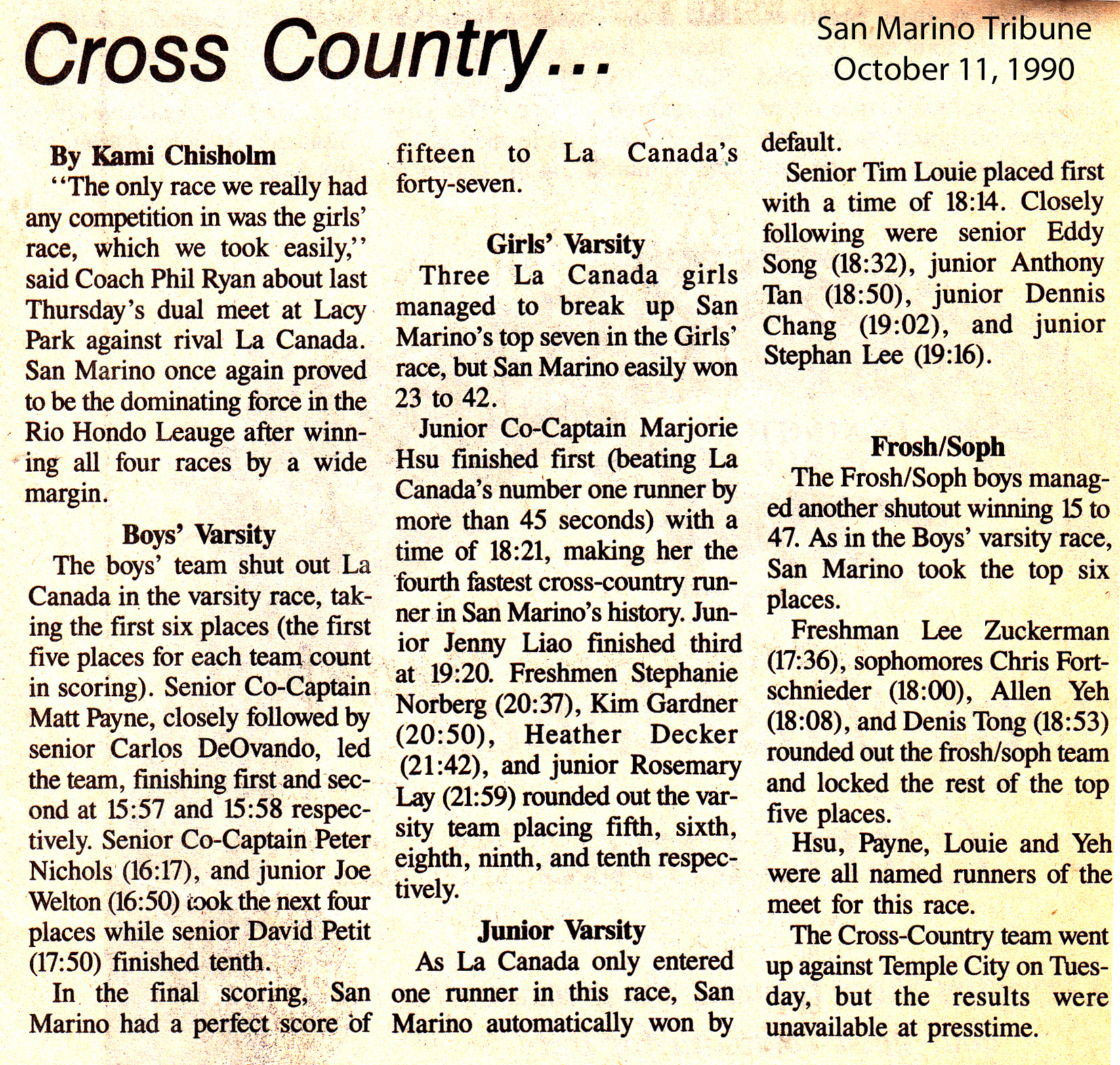 1990-10-04 - Tribune article on La Canada duo meet